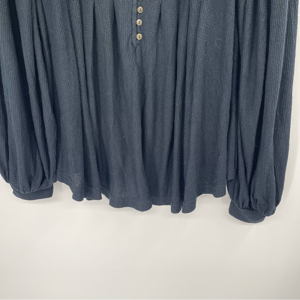 Free People Devin Black Balloon Sleeve Henley Oversized Textured Knit Top - Picture 6 of 13
